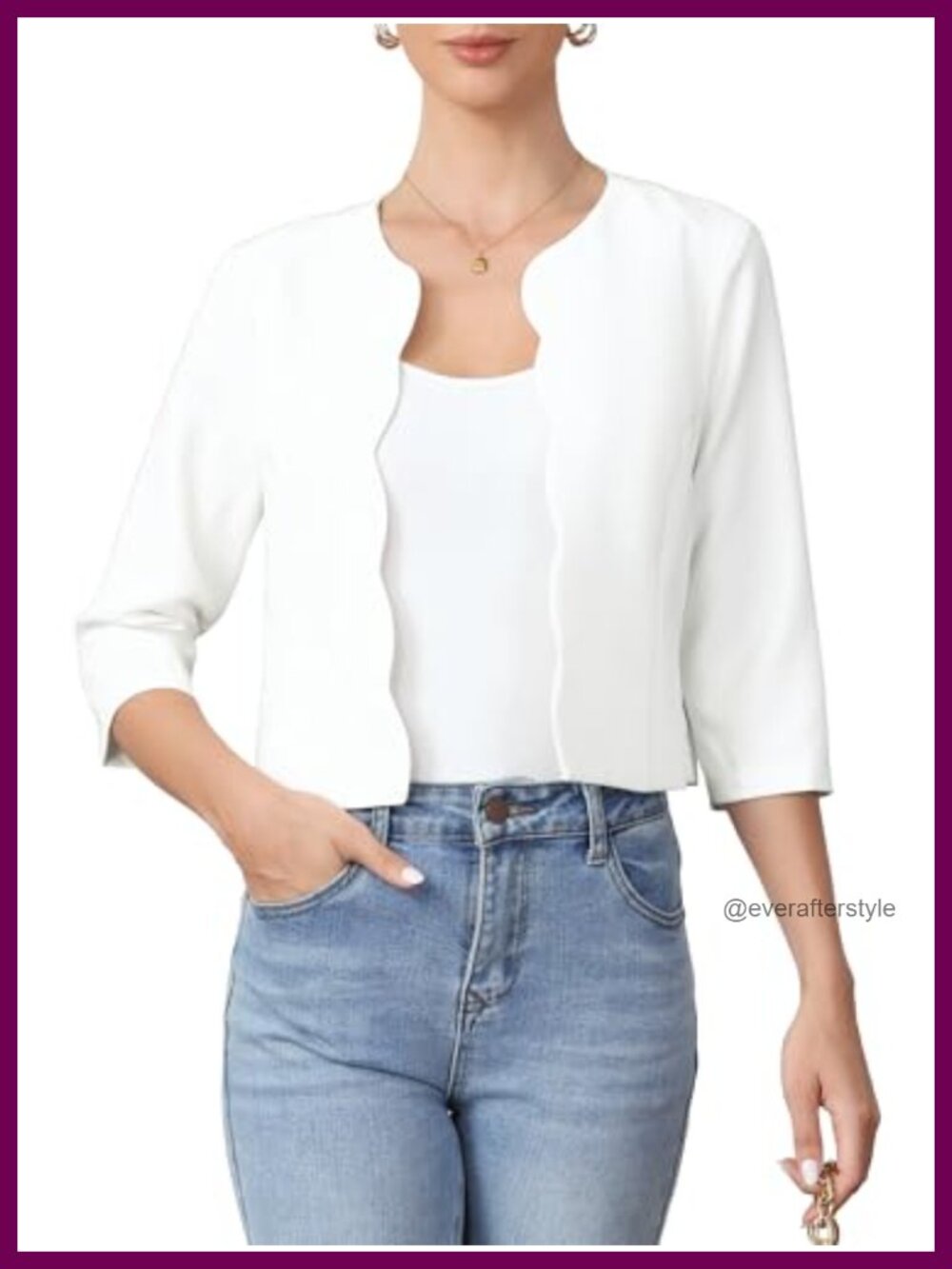 Cropped Blazer Collarless 3/4 Sleeve Open Front Jacket Scalloped Trim